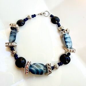 Hand Crafted Blue & Black Hexagon & Metal Men's Bracelet